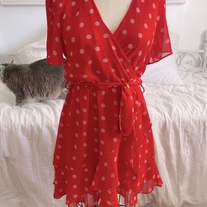 Francescas red fit and flare dress with polka dots
